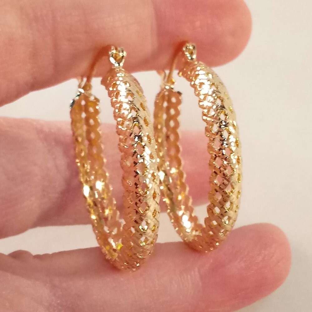 18K Yellow Gold Filled Bohemian Carve Layer Circle Hoop Dangle Earrings 34mm - Picture 4 of 6